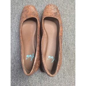 Yuu Womens Brown Embossed Floral Square Toe Ballet Flats Low Wedge Shoes Size 8